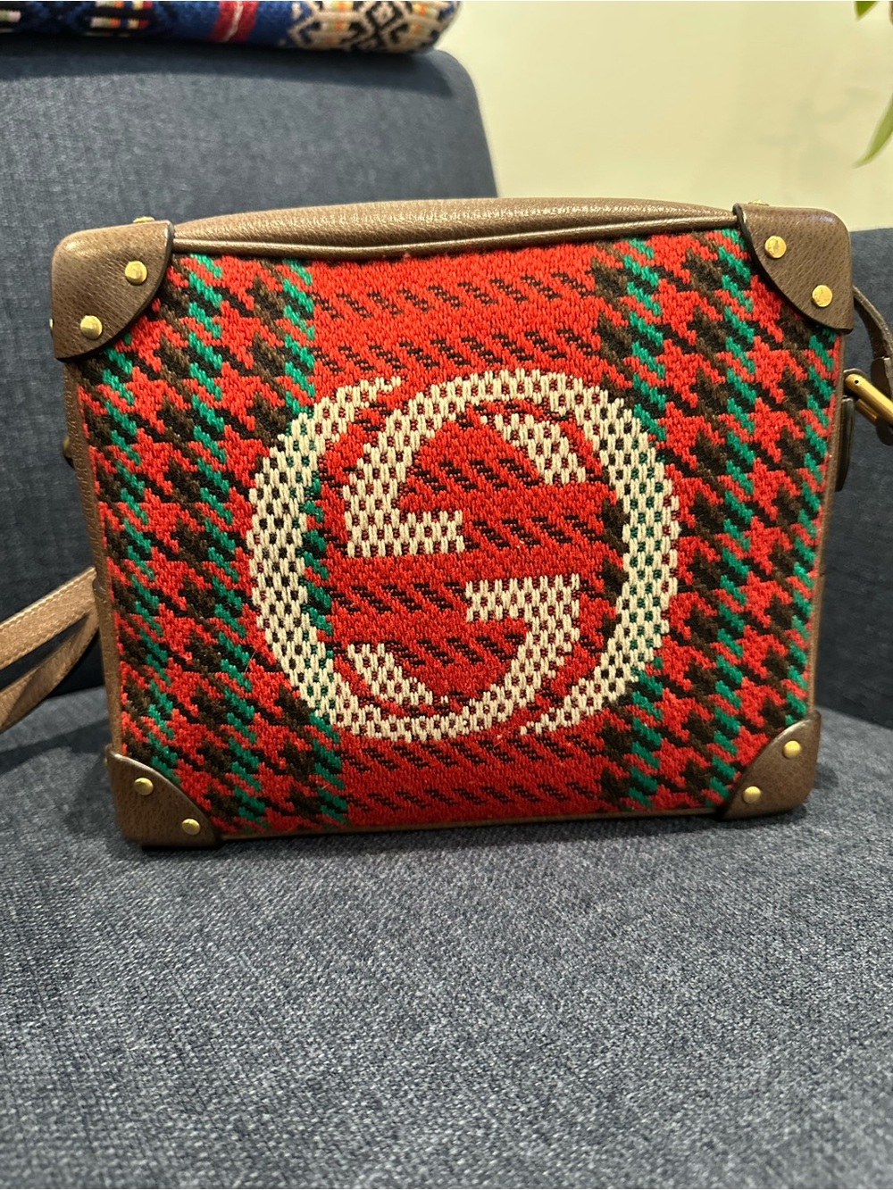 RARE! Gucci Houndstooth And Stripe Shoulder Bag Red & Green Priced to Sell